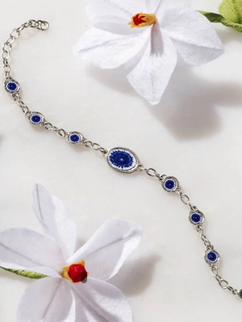 NWT Neela Silver & Blue Floral Adjustable Bracelet - Picture 2 of 4